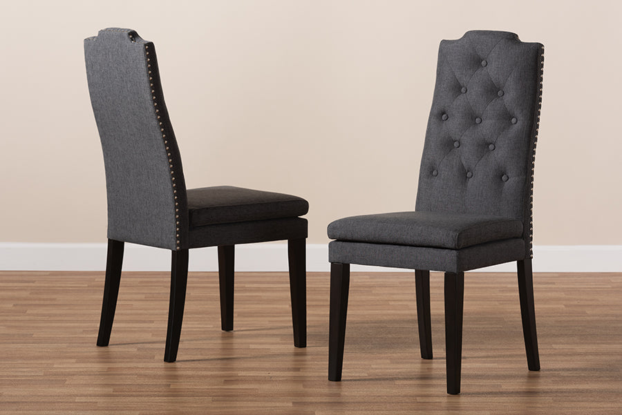 Baxton Studio Dylin Modern and Contemporary Charcoal Fabric Upholstered Button Tufted Wood Dining Chair Set of 2
