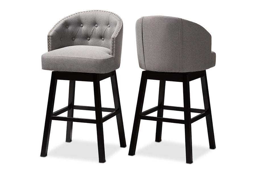 Baxton Studio Theron Transitional Gray Fabric Upholstered Wood Swivel Bar Stool Set of 2