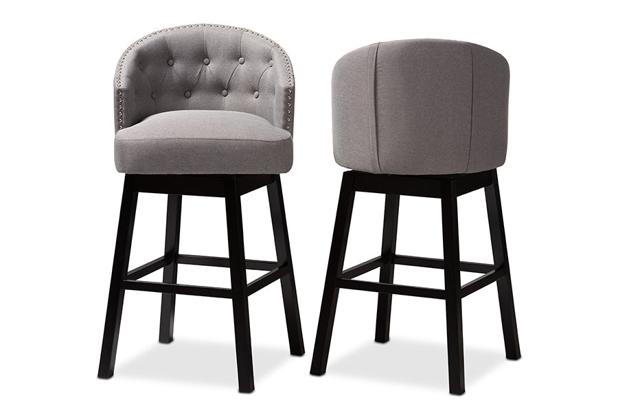 Baxton Studio Theron Transitional Gray Fabric Upholstered Wood Swivel Bar Stool Set of 2