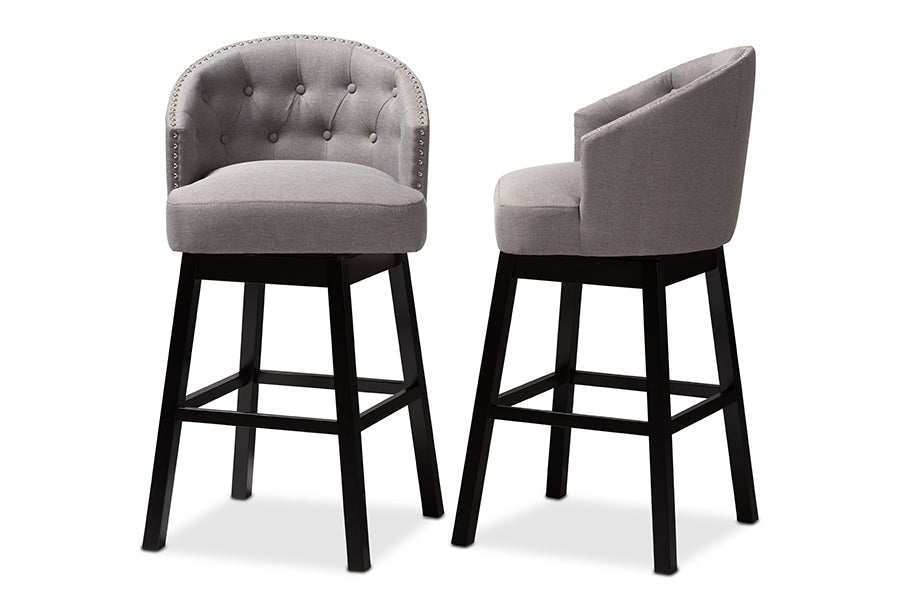 Baxton Studio Theron Transitional Gray Fabric Upholstered Wood Swivel Bar Stool Set of 2