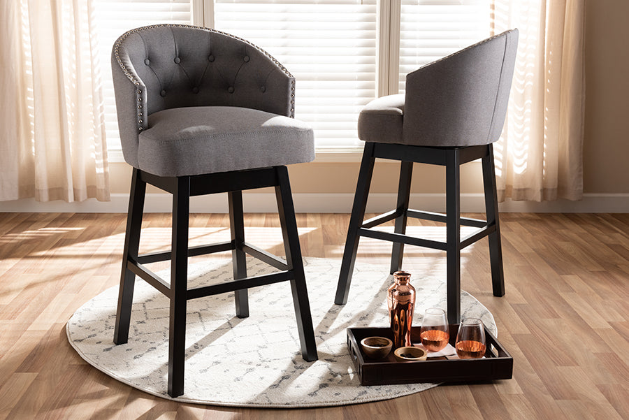 Baxton Studio Theron Transitional Gray Fabric Upholstered Wood Swivel Bar Stool Set of 2