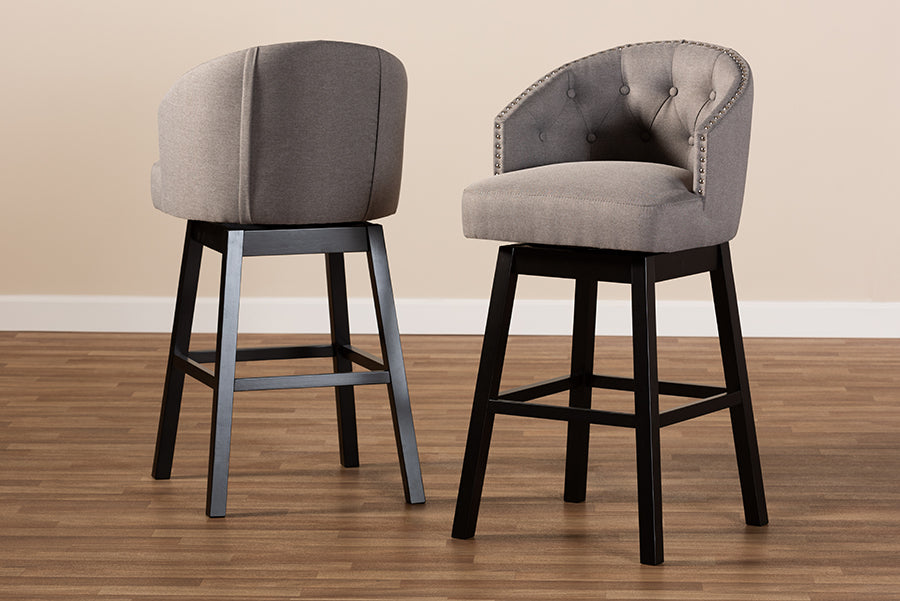 Baxton Studio Theron Transitional Gray Fabric Upholstered Wood Swivel Bar Stool Set of 2