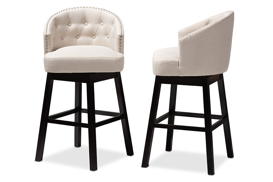 Baxton Studio Theron Transitional Light Beige Fabric Upholstered Wood Swivel Bar Stool Set of 2