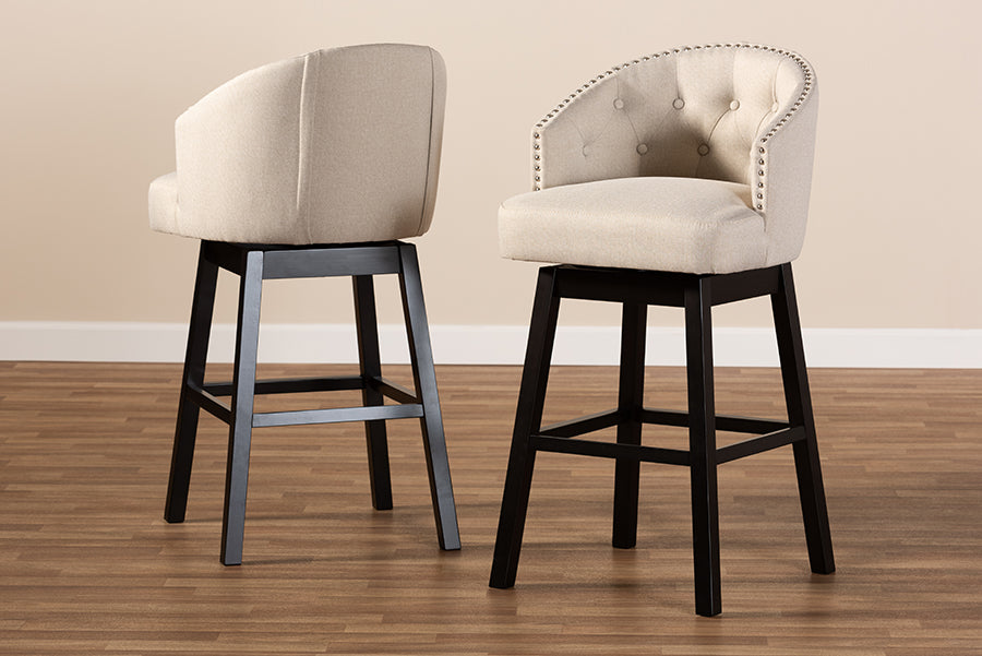 Baxton Studio Theron Transitional Light Beige Fabric Upholstered Wood Swivel Bar Stool Set of 2