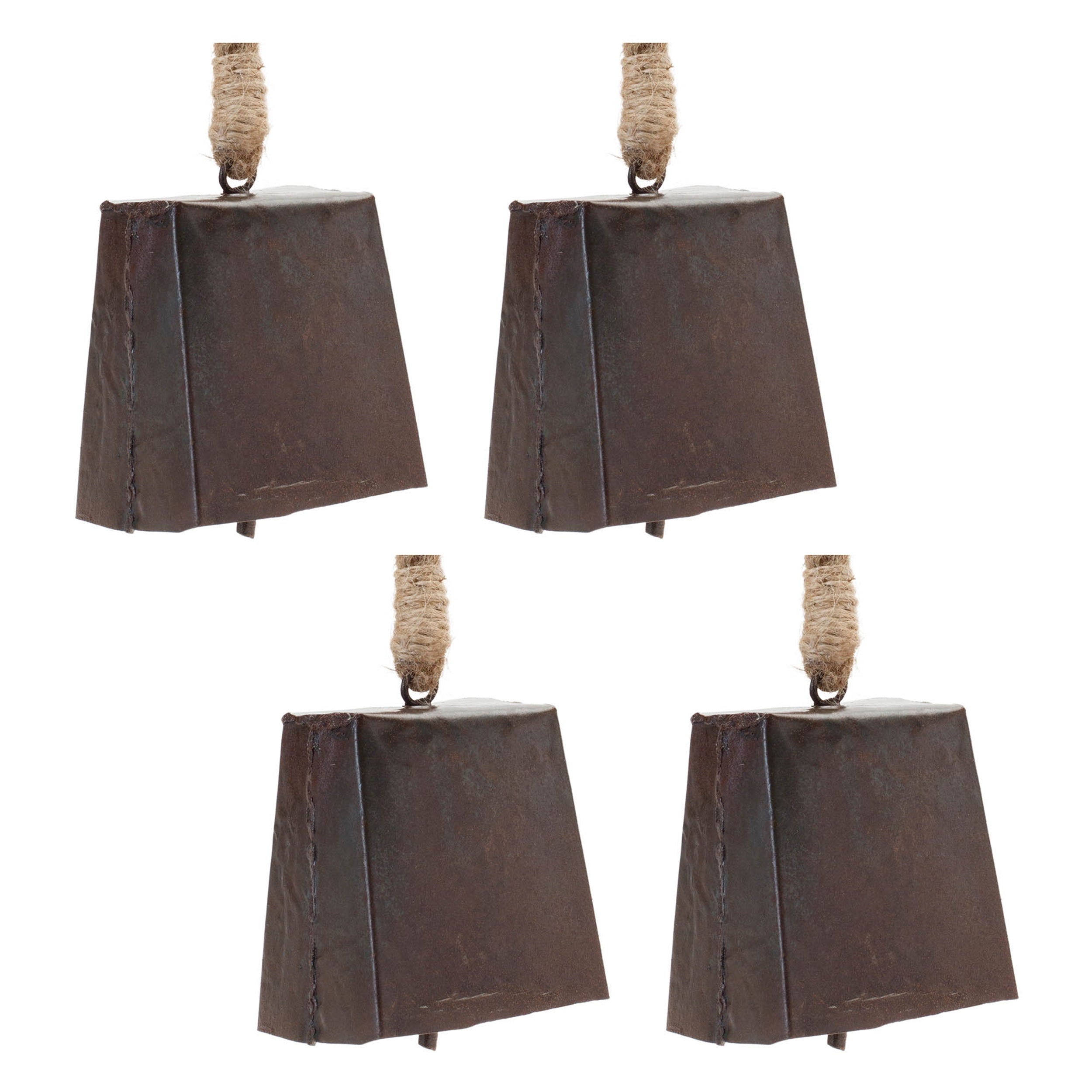Bronze Metal Bell Ornament with Jute Rope Hanger (Set of 4)
