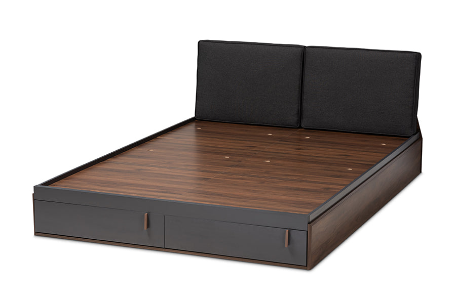 Baxton Studio Rikke Modern and Contemporary Two-Tone Gray and Walnut Finished Wood Queen Size Platform Storage Bed with Gray Fabric Upholstered Headboard
