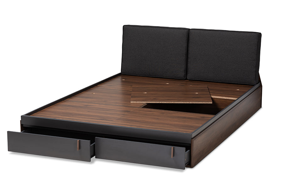 Baxton Studio Rikke Modern and Contemporary Two-Tone Gray and Walnut Finished Wood Queen Size Platform Storage Bed with Gray Fabric Upholstered Headboard