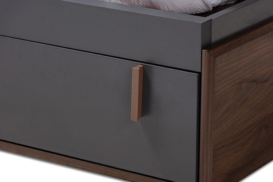 Baxton Studio Rikke Modern and Contemporary Two-Tone Gray and Walnut Finished Wood Queen Size Platform Storage Bed with Gray Fabric Upholstered Headboard