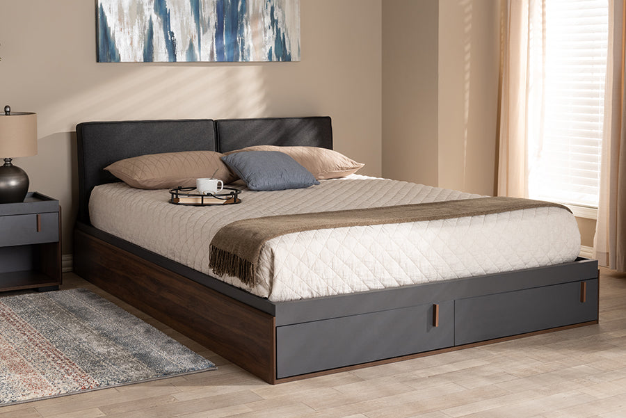 Baxton Studio Rikke Modern and Contemporary Two-Tone Gray and Walnut Finished Wood Queen Size Platform Storage Bed with Gray Fabric Upholstered Headboard