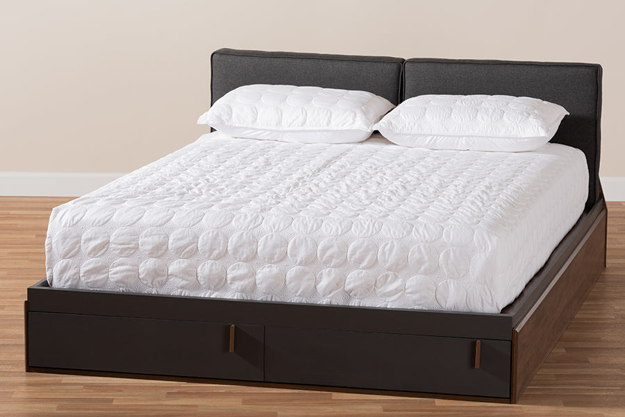 Baxton Studio Rikke Modern and Contemporary Two-Tone Gray and Walnut Finished Wood Queen Size Platform Storage Bed with Gray Fabric Upholstered Headboard