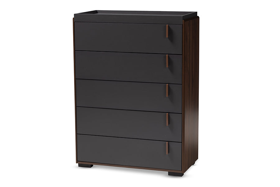 Baxton Studio Rikke Modern and Contemporary Two-Tone Gray and Walnut Finished Wood 5-Drawer Chest