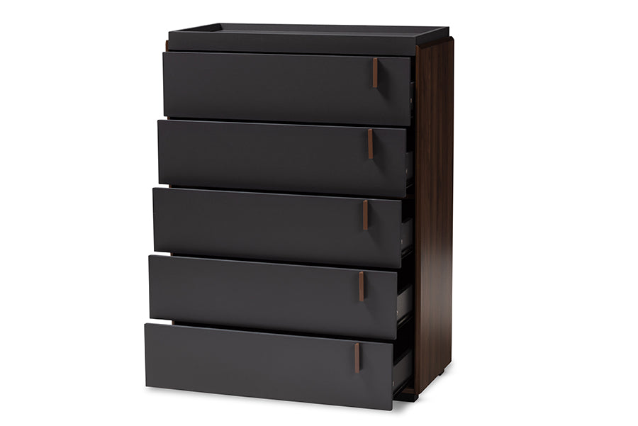 Baxton Studio Rikke Modern and Contemporary Two-Tone Gray and Walnut Finished Wood 5-Drawer Chest