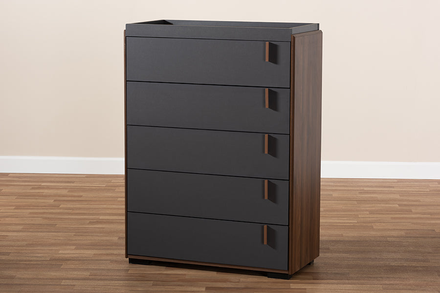 Baxton Studio Rikke Modern and Contemporary Two-Tone Gray and Walnut Finished Wood 5-Drawer Chest