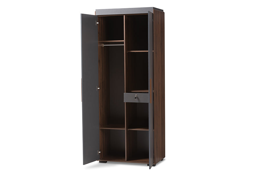 Baxton Studio Rikke Modern and Contemporary Two-Tone Gray and Walnut Finished Wood 7-Shelf Wardrobe Storage Cabinet