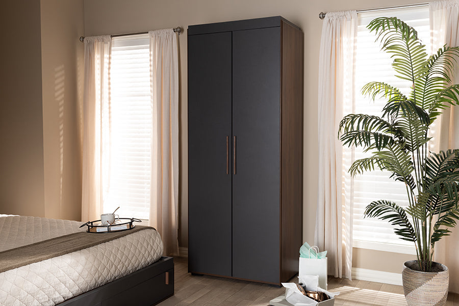 Baxton Studio Rikke Modern and Contemporary Two-Tone Gray and Walnut Finished Wood 7-Shelf Wardrobe Storage Cabinet