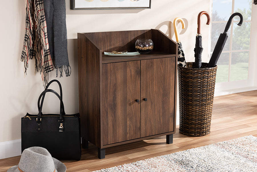 Baxton Studio Rossin Modern and Contemporary Walnut Brown Finished 2-Door Wood Entryway Shoe Storage Cabinet with Open Shelf