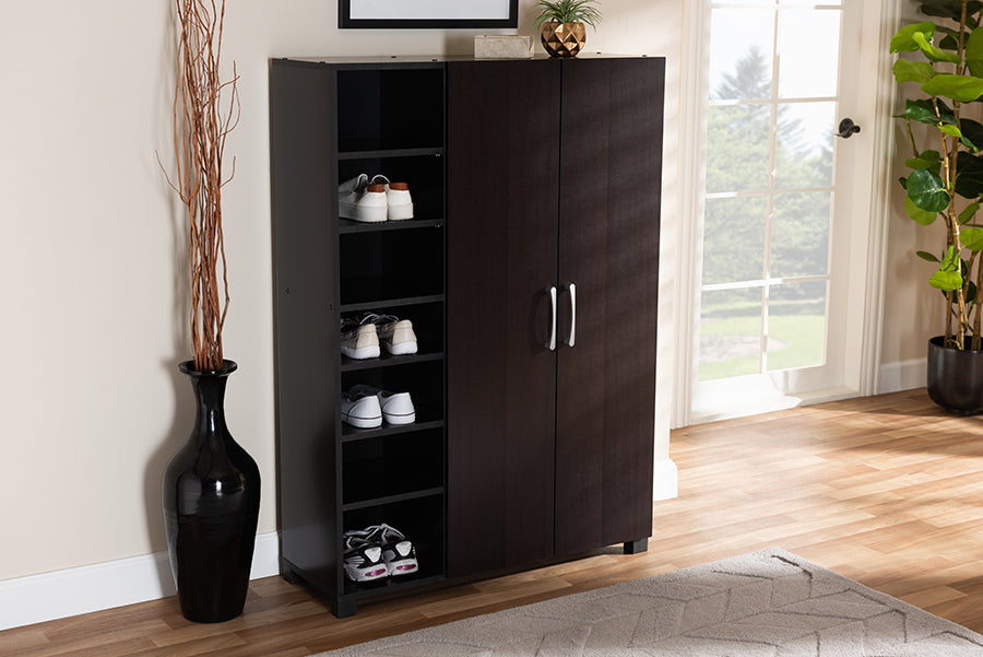 Baxton Studio Marine Modern and Contemporary Wenge Dark Brown Finished 2-Door Wood Entryway Shoe Storage Cabinet with Open Shelves