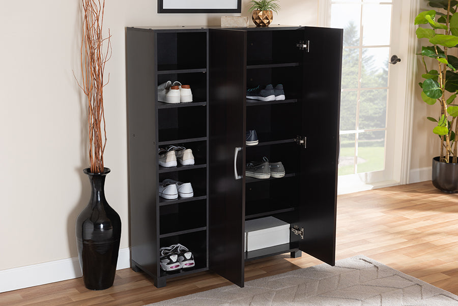 Baxton Studio Marine Modern and Contemporary Wenge Dark Brown Finished 2-Door Wood Entryway Shoe Storage Cabinet with Open Shelves