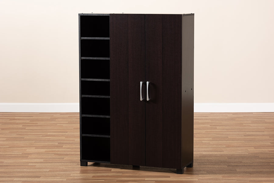 Baxton Studio Marine Modern and Contemporary Wenge Dark Brown Finished 2-Door Wood Entryway Shoe Storage Cabinet with Open Shelves