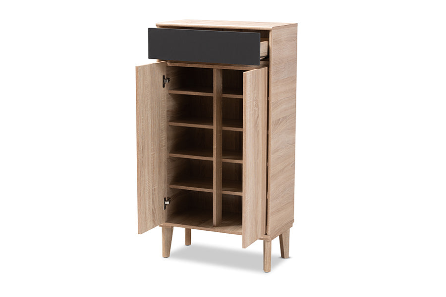 Baxton Studio Fella Mid-Century Modern Two-Tone Oak Brown and Dark Gray Entryway Shoe Cabinet with Drawer