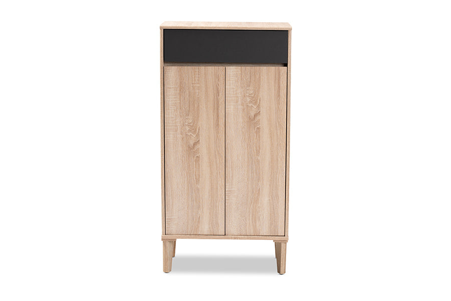 Baxton Studio Fella Mid-Century Modern Two-Tone Oak Brown and Dark Gray Entryway Shoe Cabinet with Drawer