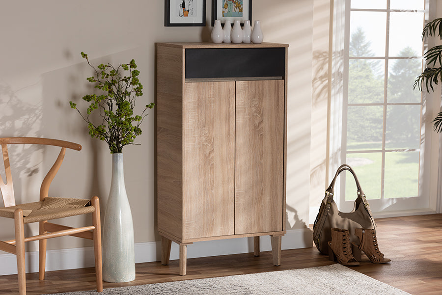 Baxton Studio Fella Mid-Century Modern Two-Tone Oak Brown and Dark Gray Entryway Shoe Cabinet with Drawer
