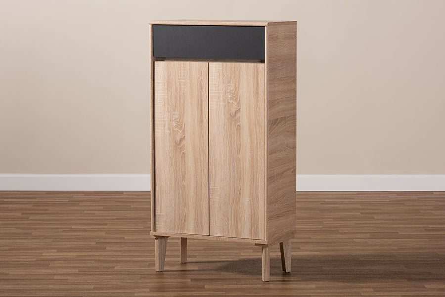 Baxton Studio Fella Mid-Century Modern Two-Tone Oak Brown and Dark Gray Entryway Shoe Cabinet with Drawer