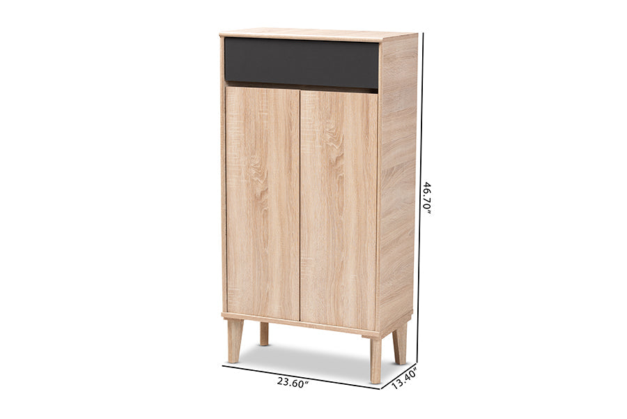 Baxton Studio Fella Mid-Century Modern Two-Tone Oak Brown and Dark Gray Entryway Shoe Cabinet with Drawer