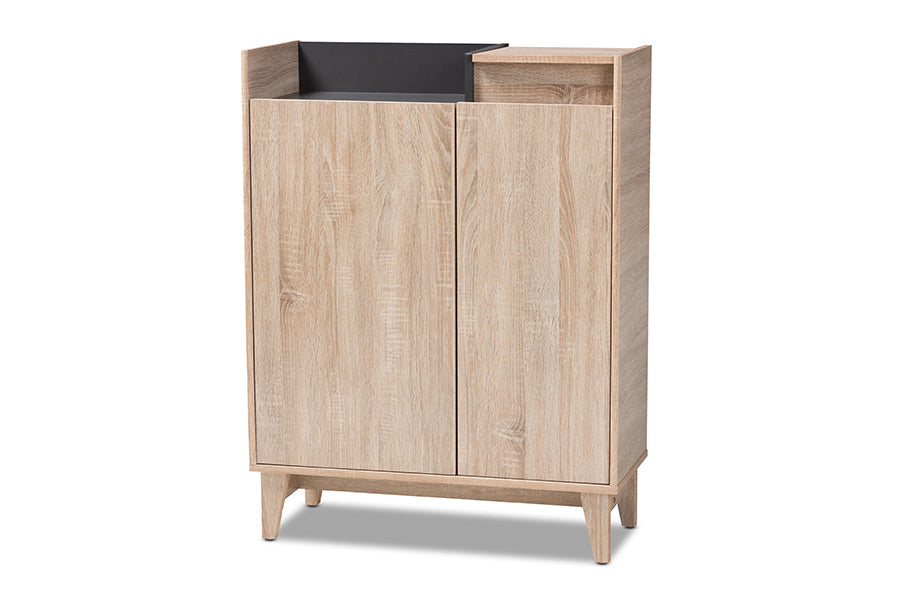 Baxton Studio Fella Mid-Century Modern Two-Tone Oak Brown and Dark Gray Entryway Shoe Cabinet with Lift-Top Storage Compartment