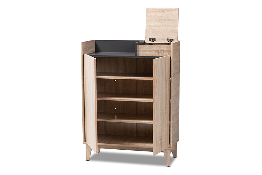Baxton Studio Fella Mid-Century Modern Two-Tone Oak Brown and Dark Gray Entryway Shoe Cabinet with Lift-Top Storage Compartment