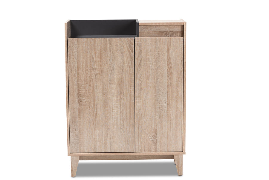 Baxton Studio Fella Mid-Century Modern Two-Tone Oak Brown and Dark Gray Entryway Shoe Cabinet with Lift-Top Storage Compartment