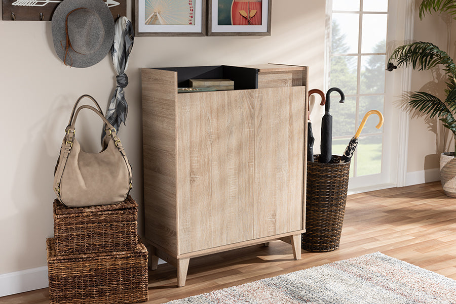 Baxton Studio Fella Mid-Century Modern Two-Tone Oak Brown and Dark Gray Entryway Shoe Cabinet with Lift-Top Storage Compartment
