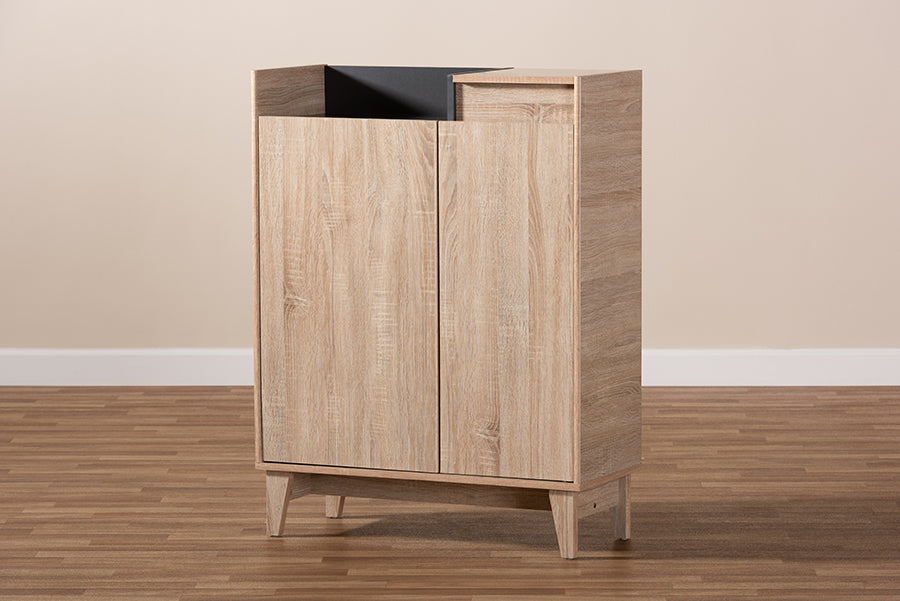 Baxton Studio Fella Mid-Century Modern Two-Tone Oak Brown and Dark Gray Entryway Shoe Cabinet with Lift-Top Storage Compartment