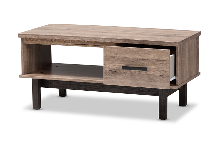 Baxton Studio Arend Modern and Contemporary Two-Tone Oak Brown and Black Wood 1-Drawer Coffee Table