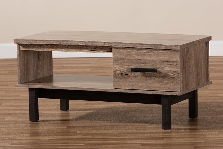 Baxton Studio Arend Modern and Contemporary Two-Tone Oak Brown and Black Wood 1-Drawer Coffee Table