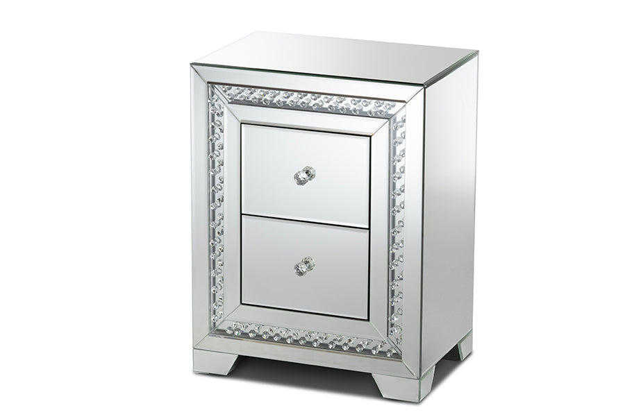 Baxton Studio Mina Modern and Contemporary Hollywood Regency Glamour Style Mirrored Three Drawer Nightstand Bedside Table
