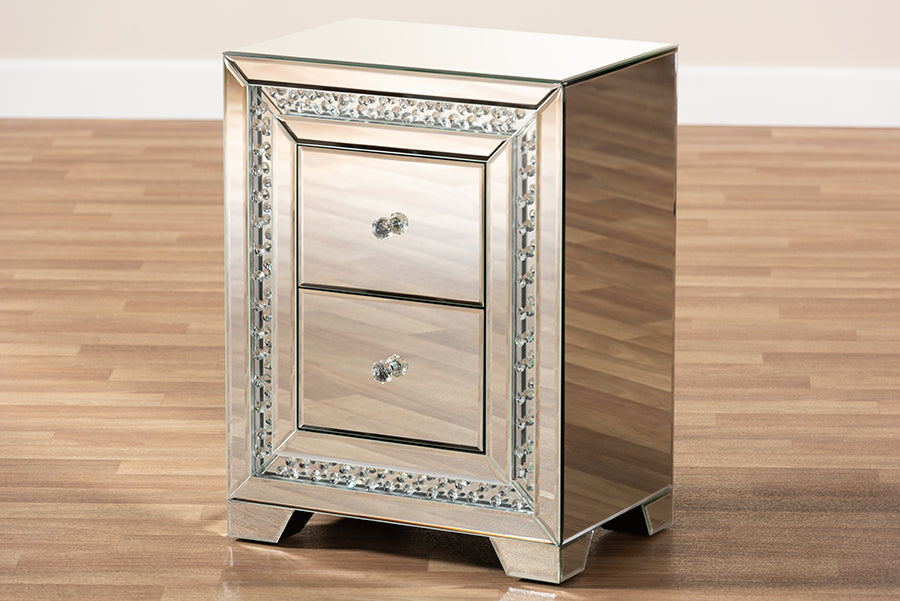 Baxton Studio Mina Modern and Contemporary Hollywood Regency Glamour Style Mirrored Three Drawer Nightstand Bedside Table