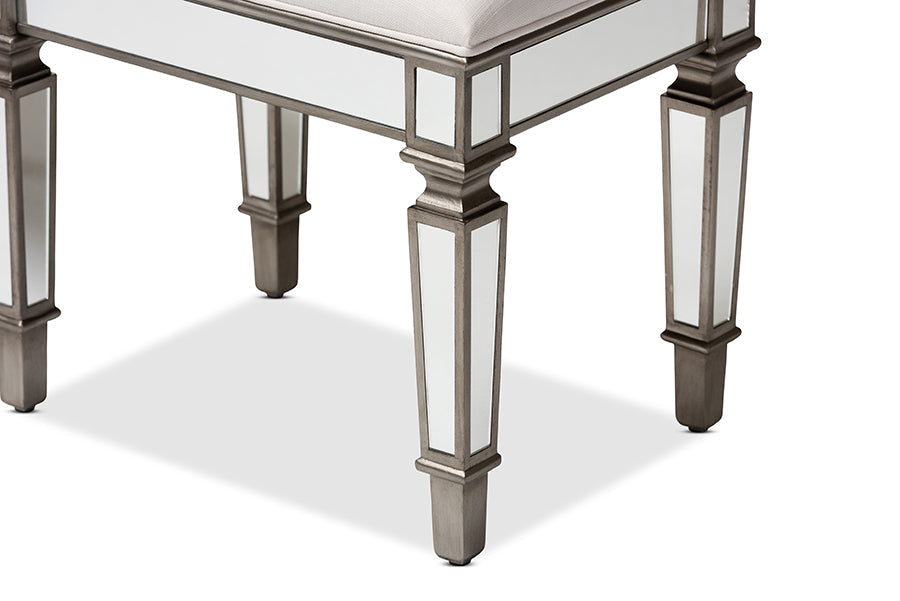 Baxton Studio Marielle Hollywood Regency Glamour Style Off White Fabric Upholstered Mirrored Ottoman Vanity Bench