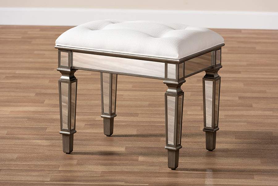 Baxton Studio Marielle Hollywood Regency Glamour Style Off White Fabric Upholstered Mirrored Ottoman Vanity Bench
