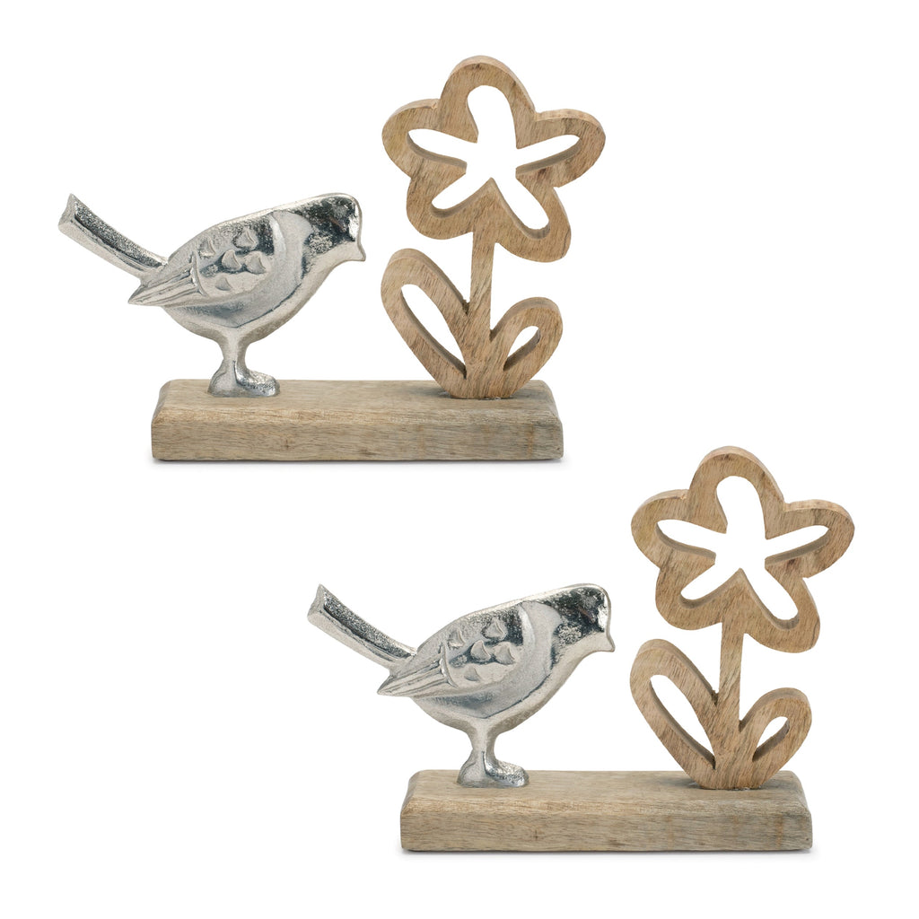 Metal Bird and Flower on Wood Base (Set of 2)