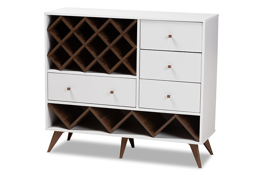 Baxton Studio Savino Mid-Century Modern White and Walnut Finished Wood Wine Cabinet