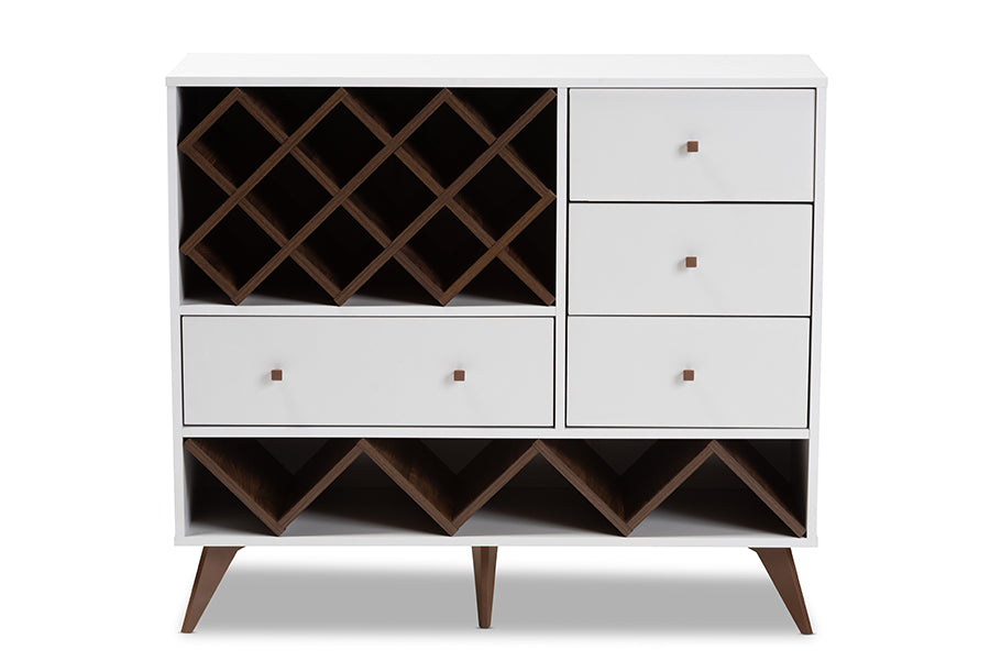 Baxton Studio Savino Mid-Century Modern White and Walnut Finished Wood Wine Cabinet