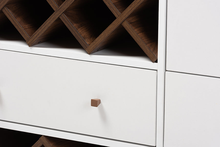 Baxton Studio Savino Mid-Century Modern White and Walnut Finished Wood Wine Cabinet