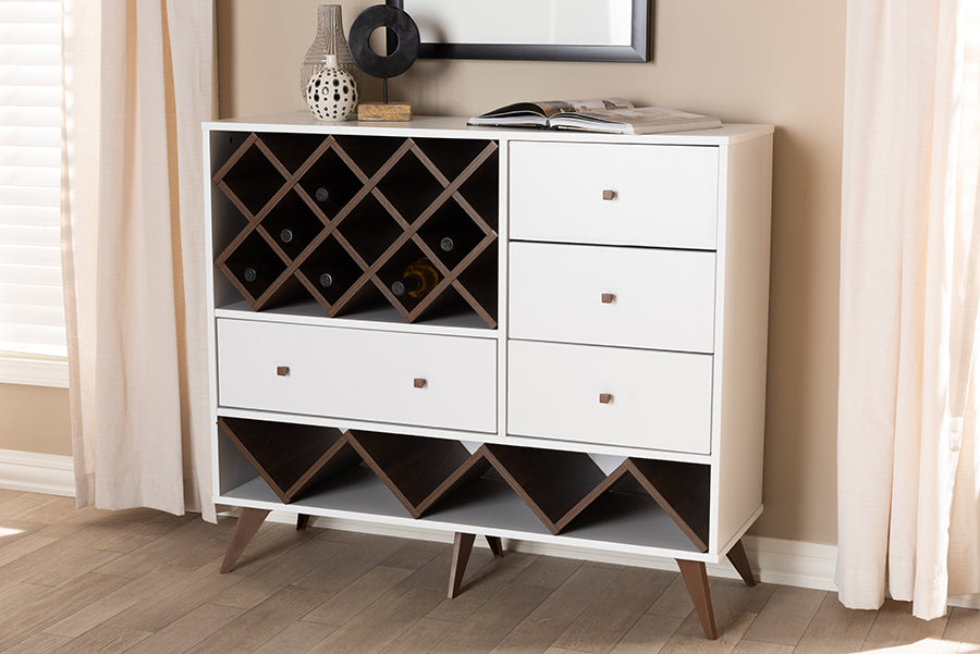 Baxton Studio Savino Mid-Century Modern White and Walnut Finished Wood Wine Cabinet