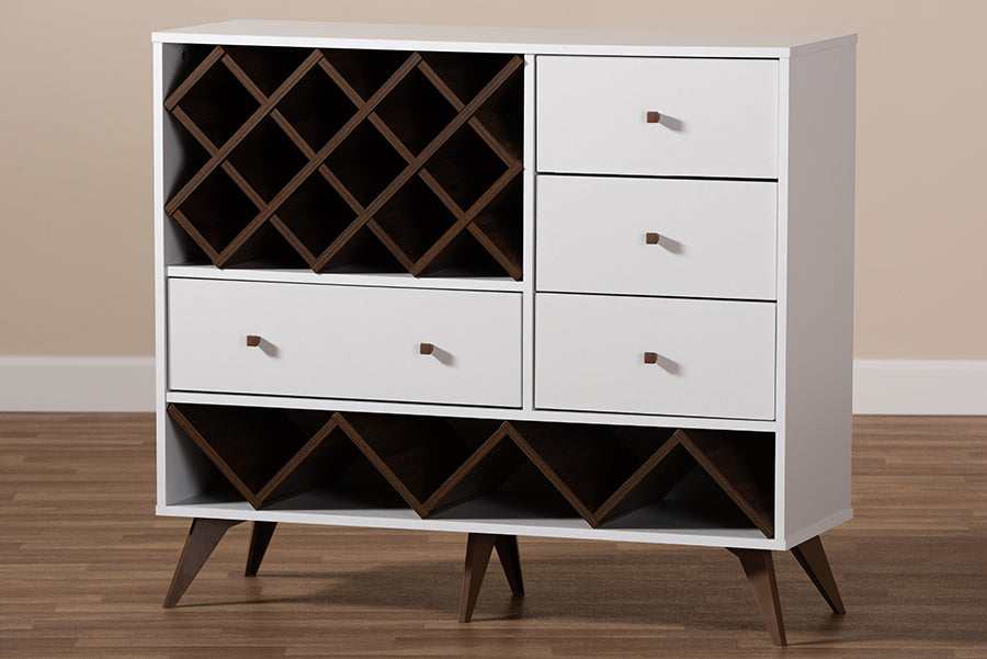 Baxton Studio Savino Mid-Century Modern White and Walnut Finished Wood Wine Cabinet