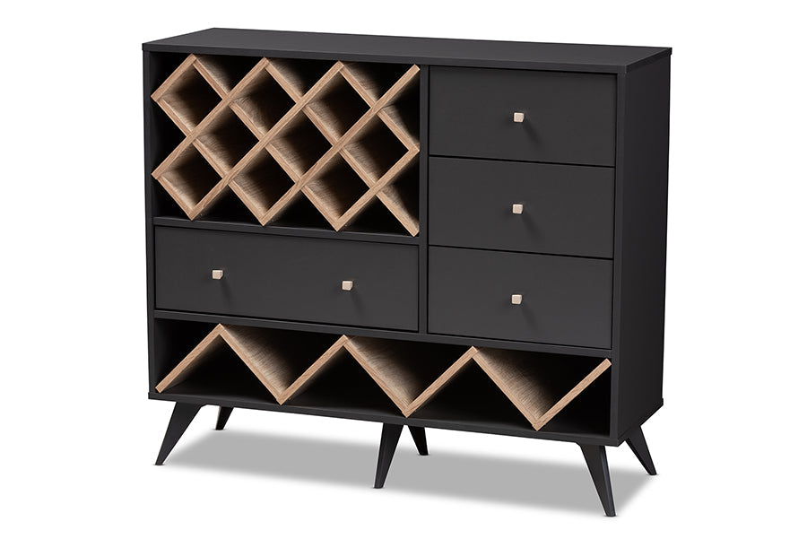 Baxton Studio Savino Mid-Century Modern Dark Grey and Oak Finished Wood Wine Cabinet