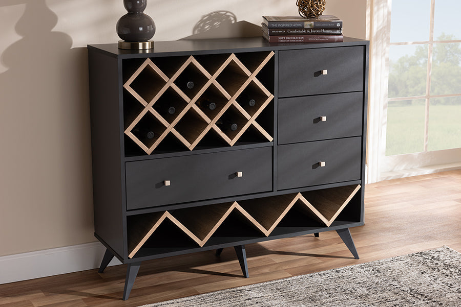 Baxton Studio Savino Mid-Century Modern Dark Grey and Oak Finished Wood Wine Cabinet