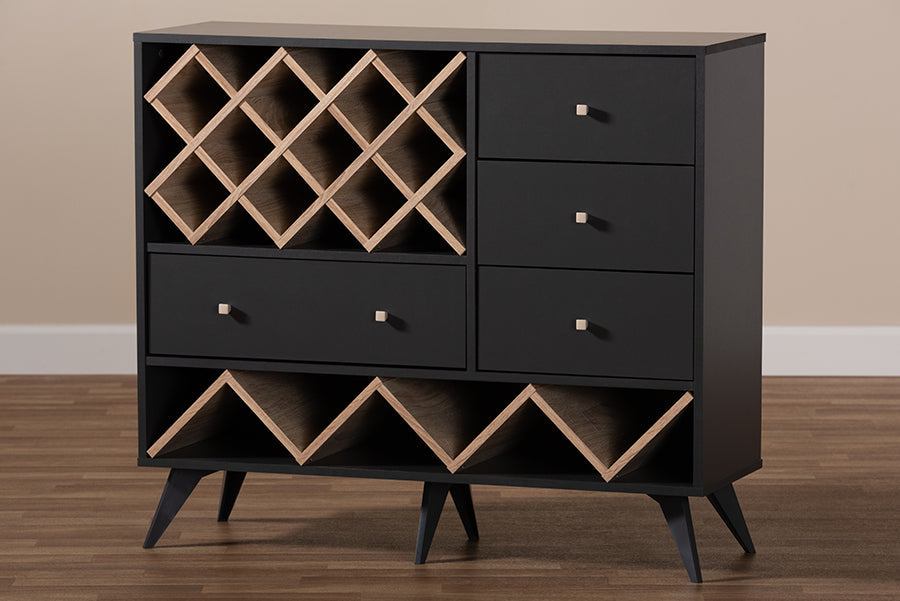 Baxton Studio Savino Mid-Century Modern Dark Grey and Oak Finished Wood Wine Cabinet
