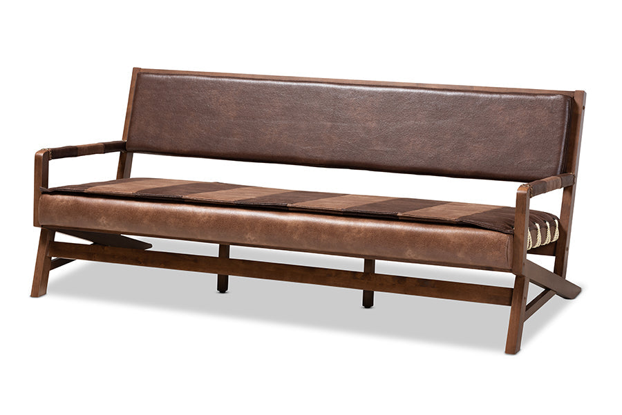 Baxton Studio Rovelyn Rustic Brown Faux Leather Upholstered Walnut Finished Wood Sofa