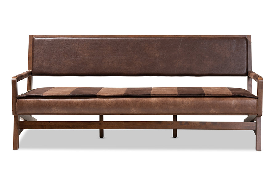 Baxton Studio Rovelyn Rustic Brown Faux Leather Upholstered Walnut Finished Wood Sofa